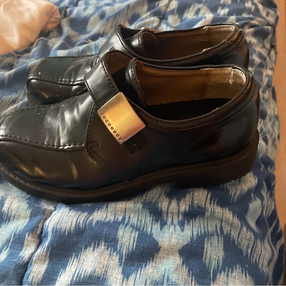 Faded Glory Black Boys Dress Slip-On Shoes with Silver Buckle